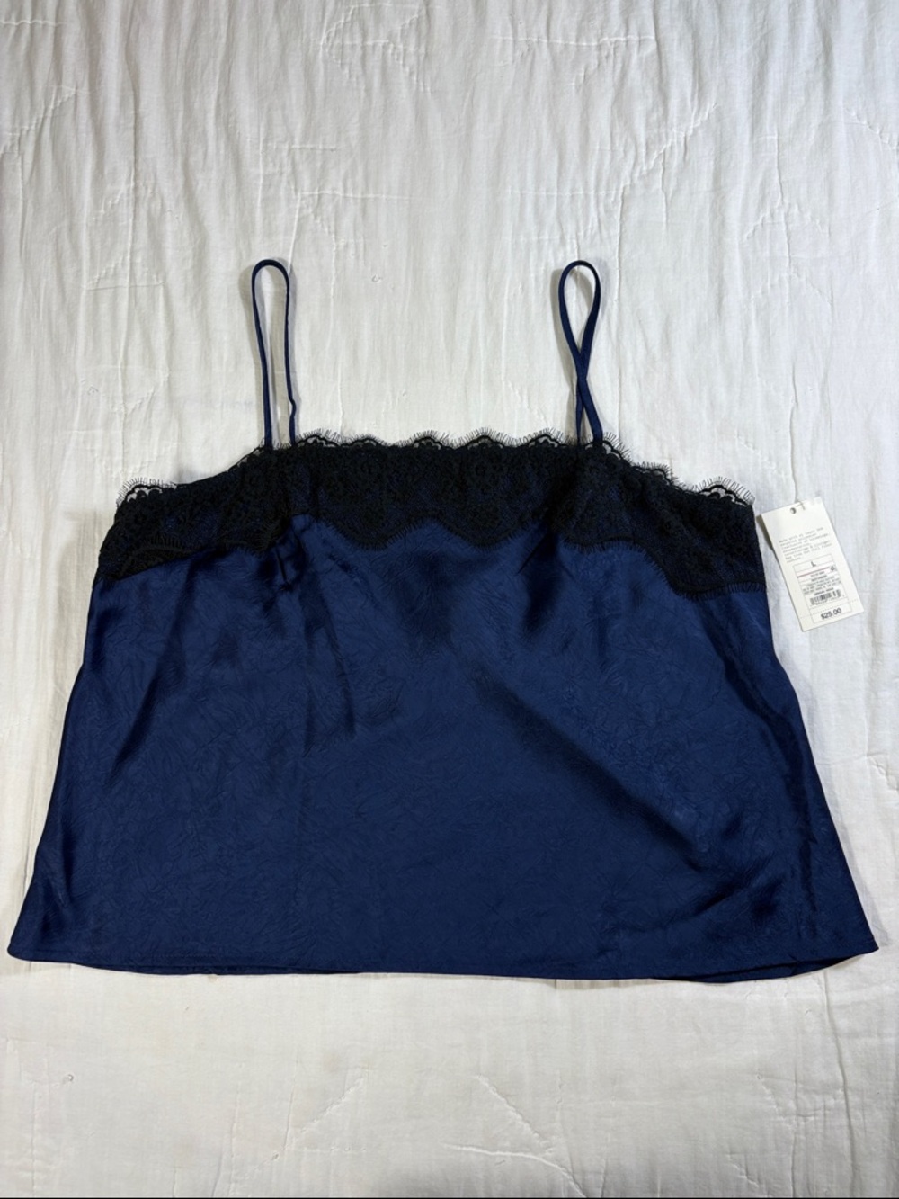 Silky Boudoir Navy Blue Satin Lace Trim Cami Top - Size L - NWT Camisole Tank